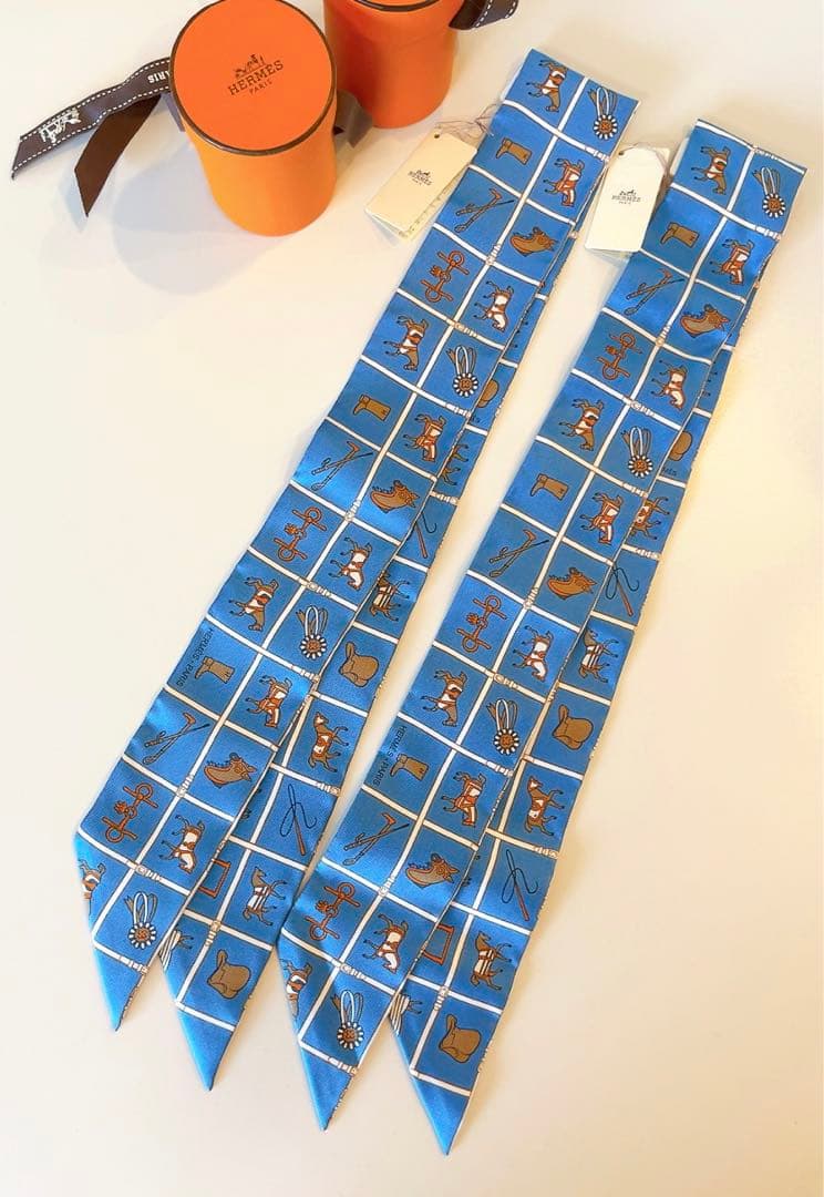 新品未使用　エルメスツイリー　馬着　2本　タグ付き　青　ブルー　HERMES