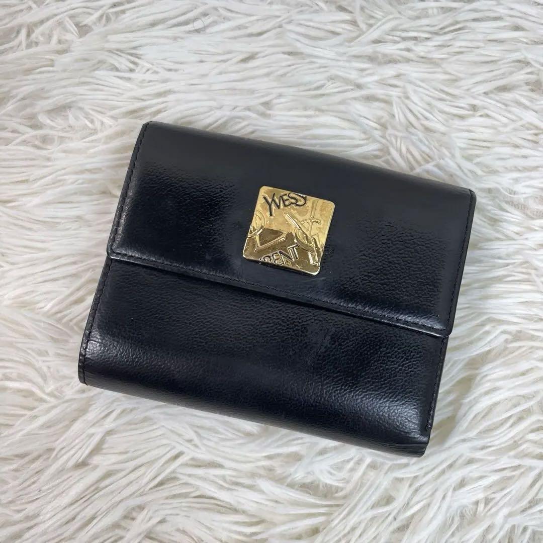 美品✨イヴサンローラン レザー 折り財布 ロゴ金具 Wホック ブラック 黒