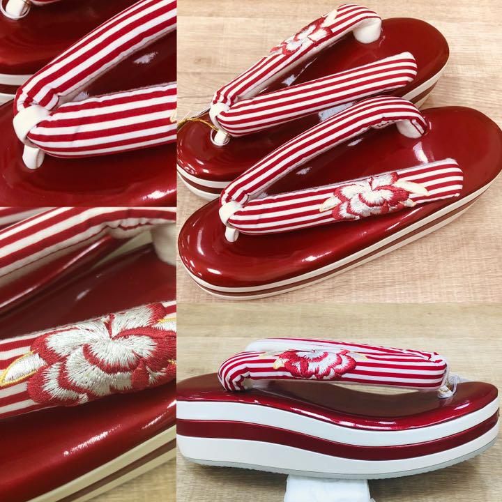 新品　厚底草履（ヒール草履）牡丹とストライプ  赤 振袖＆袴　成人式卒業式結婚式