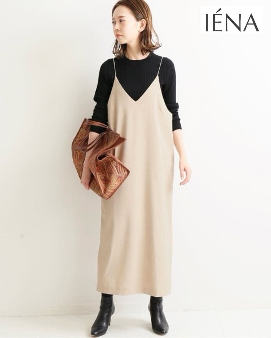 h859_IENA 美品♪T/W メランジキャミワンピース 38 ベージュ 毛