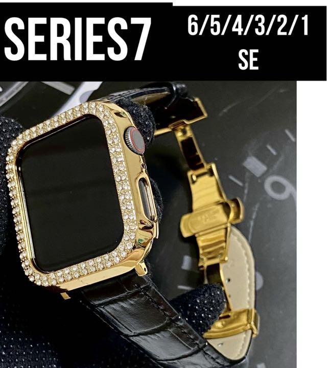 アップルウォッチキラキラGoldカバーブラックレザーベルトApple Watch