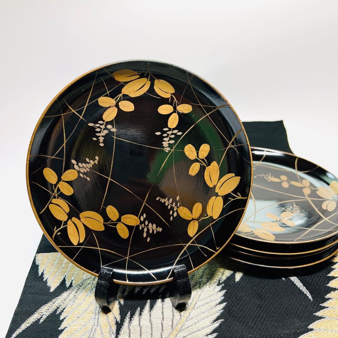 漆器　沈金　蒔絵　木製　中皿　5客　時代物